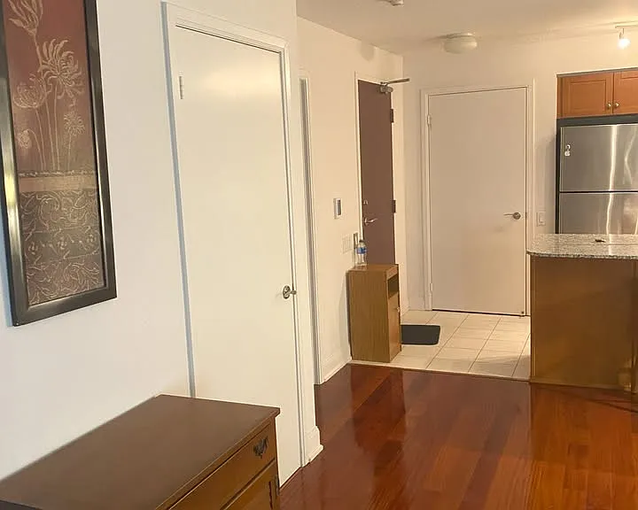 Entrance door (wood), storage closet (left of fridge), bathroom receded at left side (unseen in photo), door at left front in photo encloses stacked washer and dryer