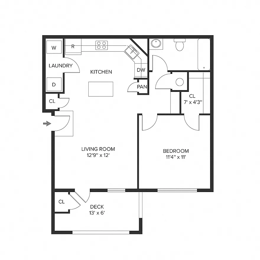 Floor plan 1BR 1BA (643 SF)