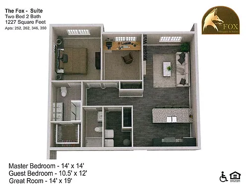 Floor plan Fox - 2 Bedroom, 2 Bath - 1227 Square Feet