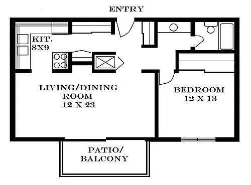Floor plan 1 Bedroom 702 SF L