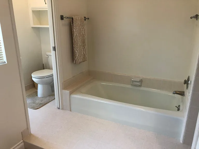 Primary bathroom with recessed bathtub and separate shower