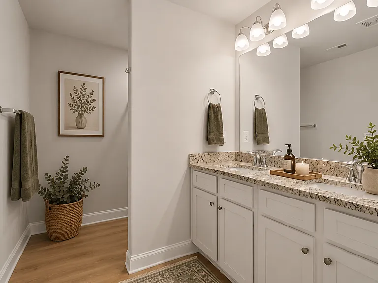Elegant en suite with a double vanity off the primary bedroom.