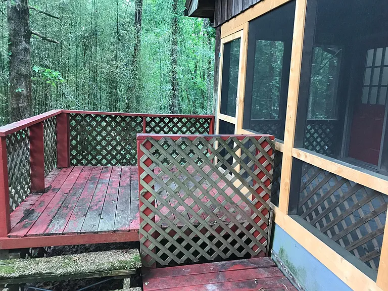 Back deck with trees.