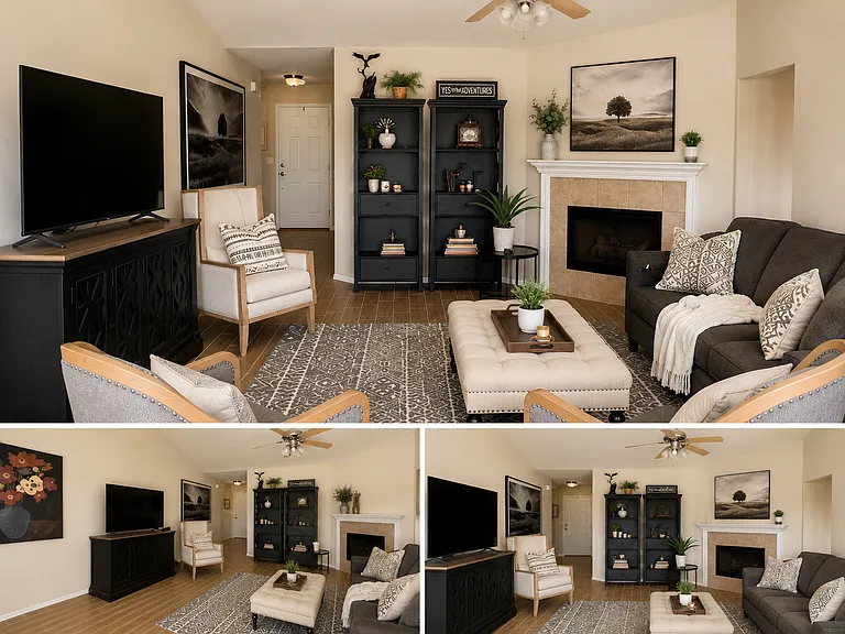 Living room. Working gas fireplace. Wall of windows directly across