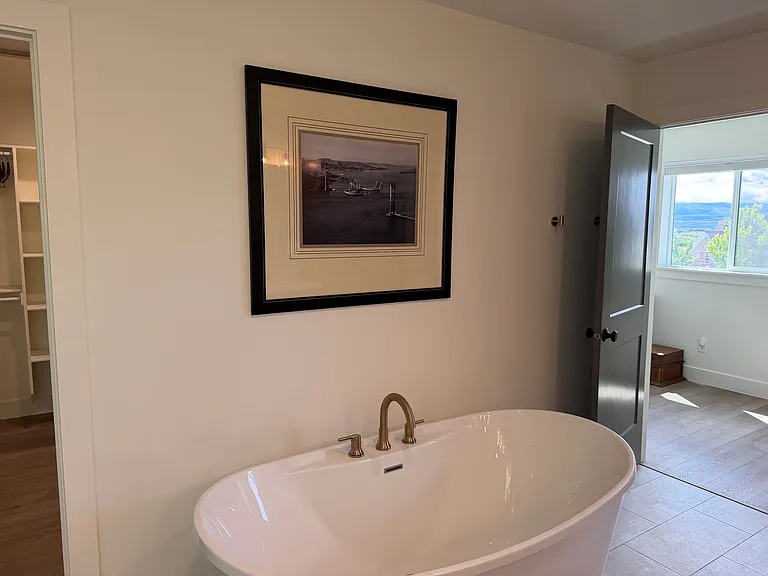 Large master bathroom with walk-in shower, double vanity, and beautiful soaking tub
