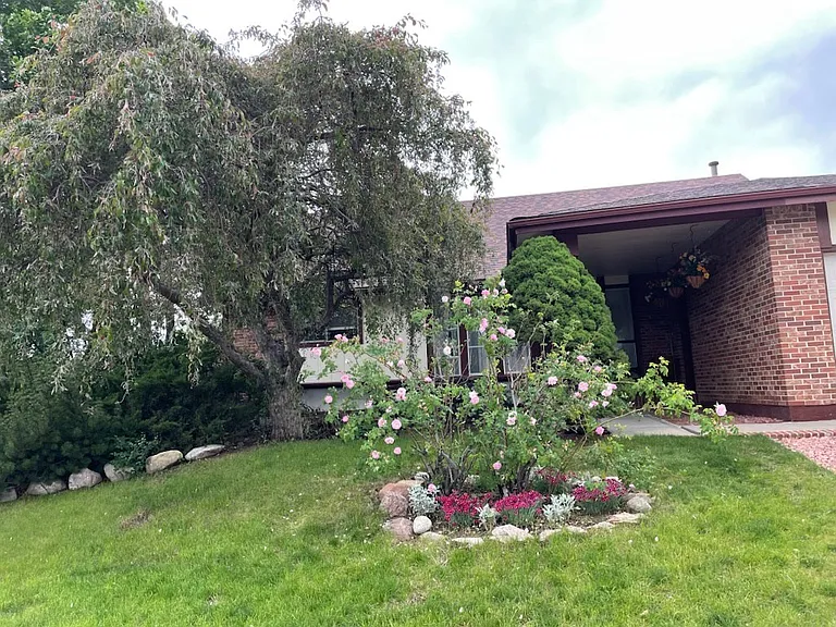 Street view of home with roses blooming.