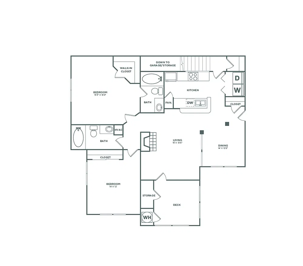 Floor plan Two Bedroom Two Bath With Garage (1114 SF)