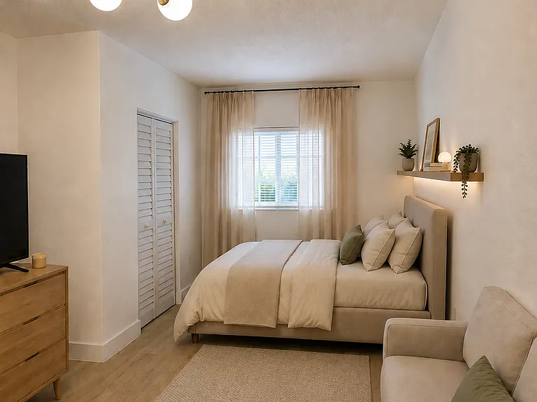 Virtually staged to illustrate one possible furniture layout. Furniture and placement are shown to scale to provide a realistic sense of the space and how it can accommodate both sleeping and living areas. Furniture not included.