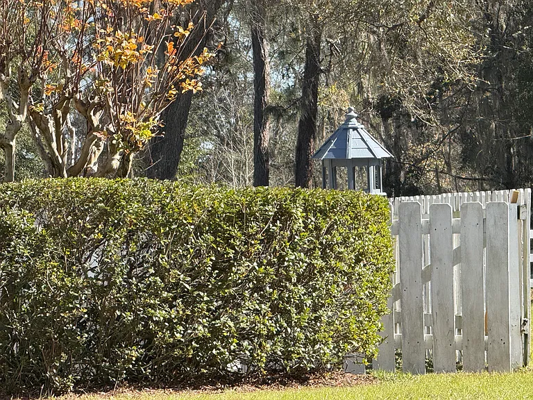 Property has hedges around house. Bird house was just painted to match the house. Picket fence is still being painted.