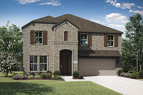 Elevation C is a two story full brick home design with arched entry, and ceder shutters and corbels.