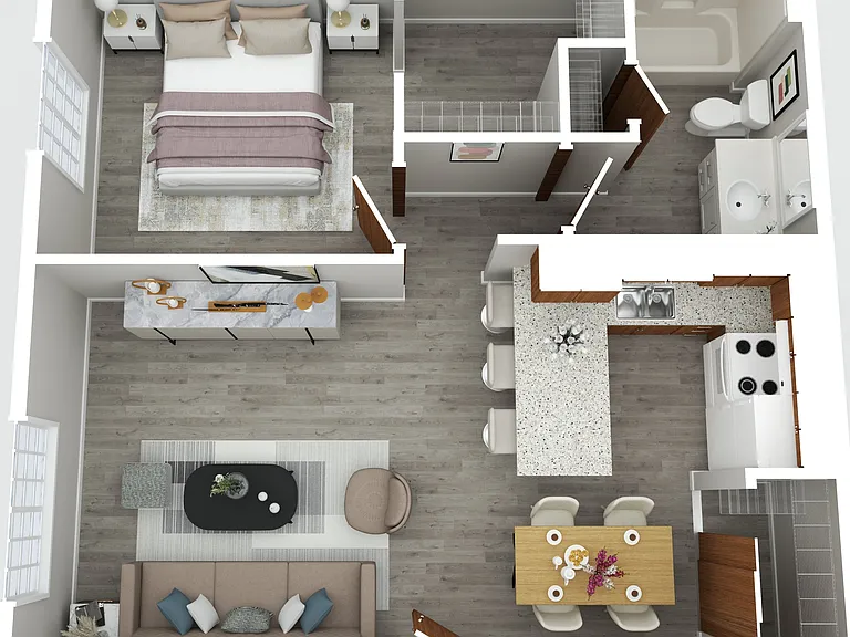 1 Bedroom 3D Floorplan in the Apartments