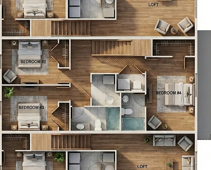 This is a floor plan of the ENTIRE building on the second floor. The two exterior units consist of 5 Bedrooms and 5 Bathrooms.