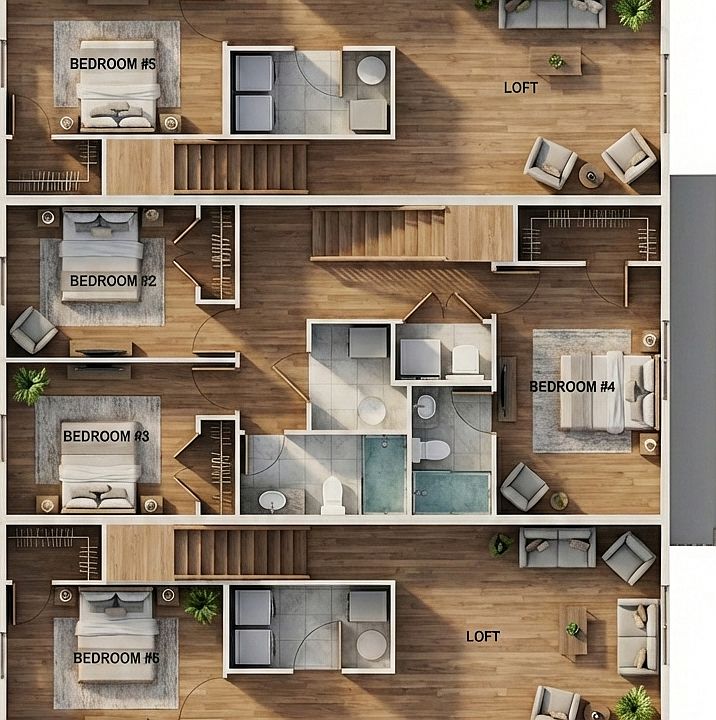 This is a floor plan of the ENTIRE building on the second floor. The two exterior units consist of 5 Bedrooms and 5 Bathrooms.