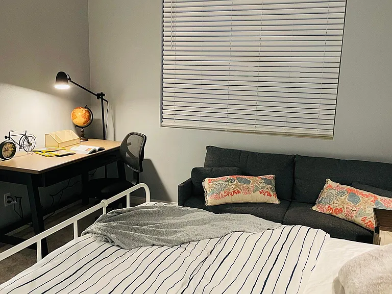 study desk, office chair, and mini sofa