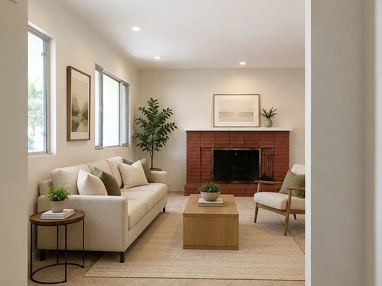 Main living room with wood burning fireplace