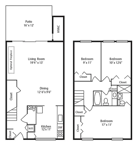 Floor plan M: 3 Bedroom 2.5 Bath Townhome