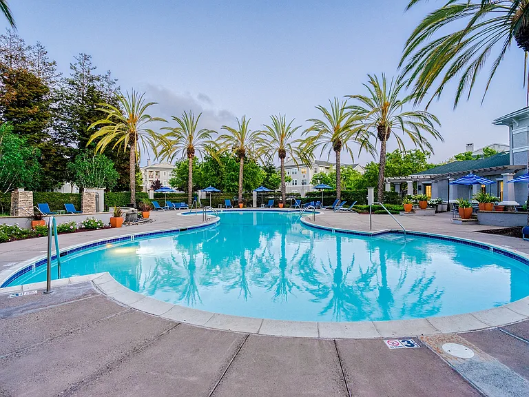 Resort-style pool with cabanas and tanning ledge