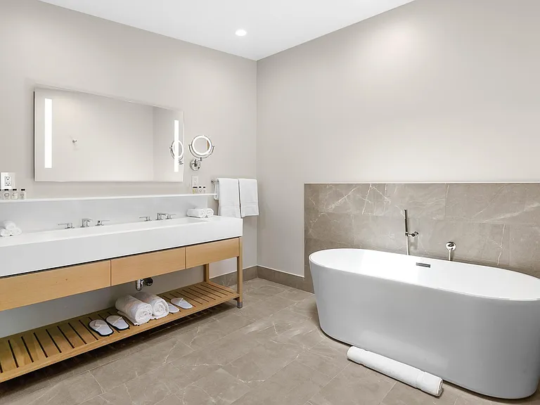 Stand alone bathtub and perfectly balanced LED mirrored lighting