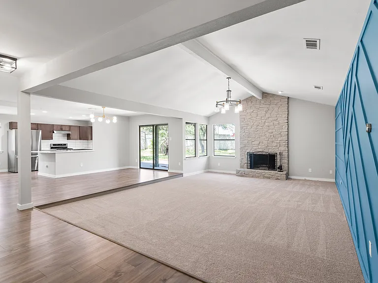 Large living room with non working wood burning fireplace good for candles