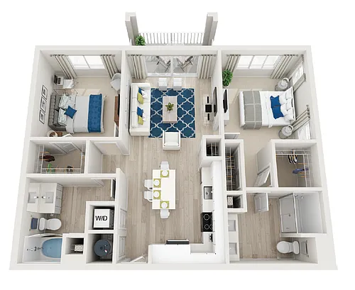 Floor plan B3-2BR-2BA-1045-1073sf