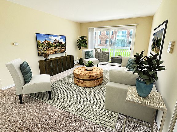 A cheerful setting for gathering in your luxe living room with a large door wall leading to a private patio or balcony. Life is good at this Royal Oak apartment community in such a nice neighborhood.