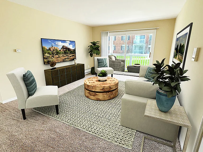 A cheerful setting for gathering in your luxe living room with a large door wall leading to a private patio or balcony. Life is good at this Royal Oak apartment community in such a nice neighborhood.