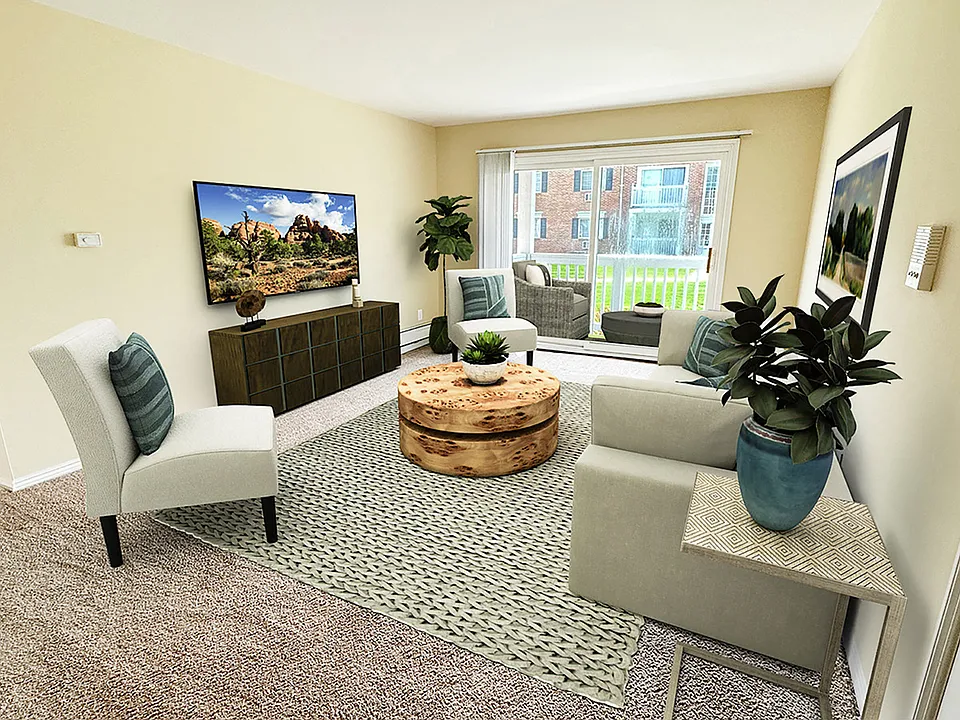 A cheerful setting for gathering in your luxe living room with a large door wall leading to a private patio or balcony. Life is good at this Royal Oak apartment community in such a nice neighborhood.
