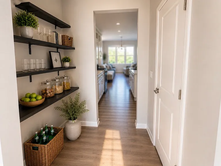Open pantry on the left and spacious closed pantry on the right