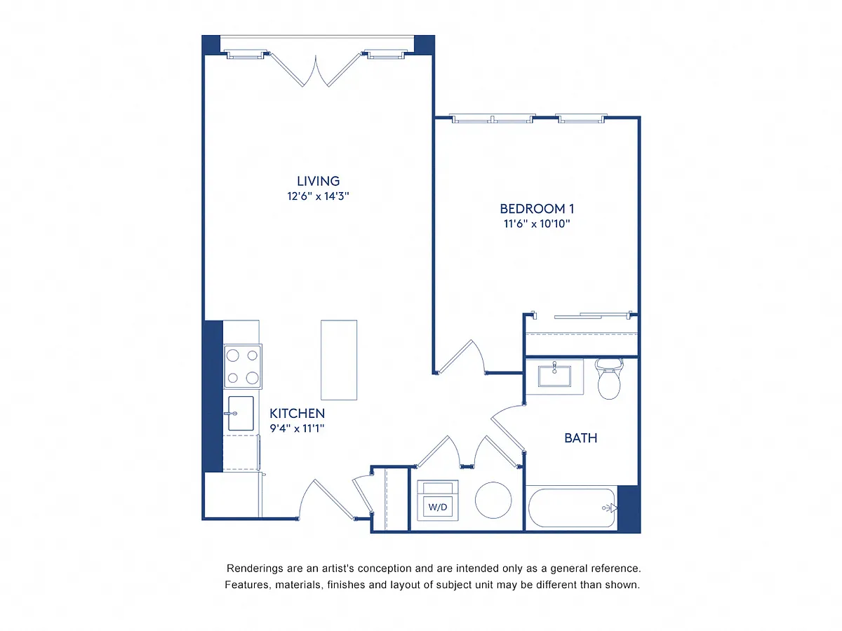Floor plan 1 BR 1 BA (638-648 SF)