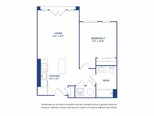Floor plan 1 BR 1 BA (638-648 SF)