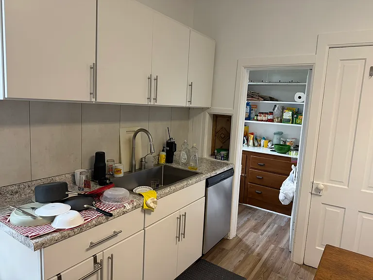 Kitchen with dishwasher and looking into pantry.