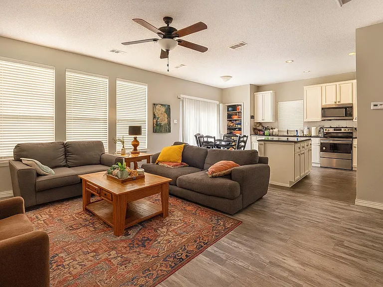 Living Room with Kitchen view