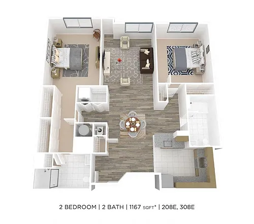 Floor plan Two Bedroom 2 Bath- 1167 sqft