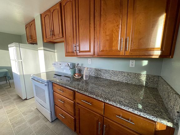 Left side of kitchen with brand new smooth top range, refrigerator, and long granite countertop workspace. Plenty of space for the chef. See kitchen table at north end. Easy care vinyl floor.