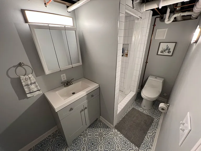 Full bathroom in basement with shower