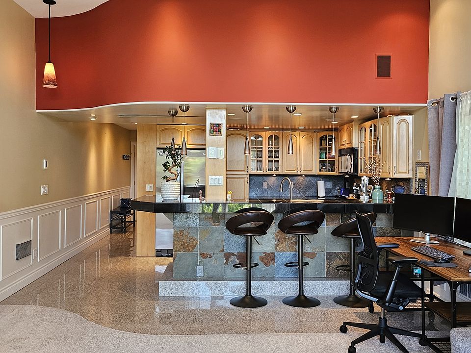Kitchen with eating bar.