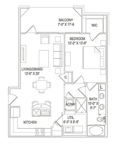 Floor plan 1BR 1BA (847 SF)