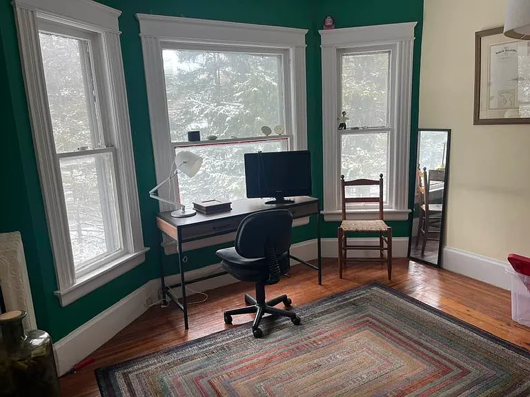 North facing office area surrounded by fir trees. This is adjacent to the northeast bedroom.