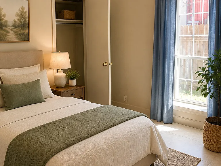 Bright second bedroom featuring a sunny window overlooking the private fenced patio and yard, bringing in natural light and peaceful outdoor views. (Virtually staged)