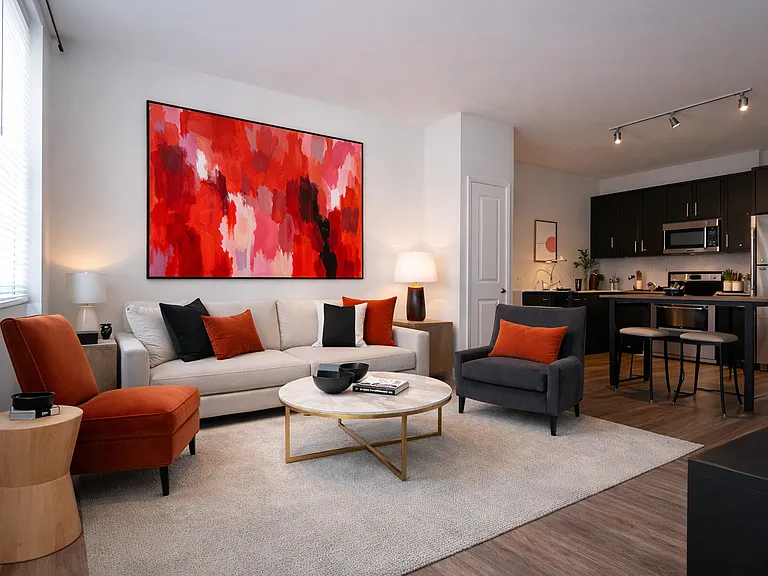 1 Bed Living Room open floor plan to dining and kitchen