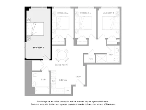 Floor plan Furnished Room in a 4 Bedroom 2 Bathroom (L1)