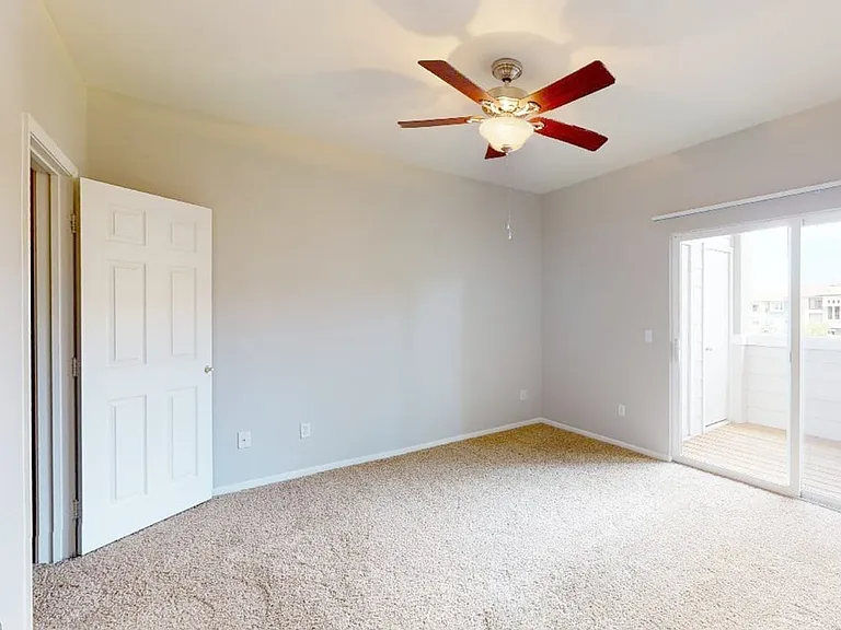 Spacious apartment bedroom with plush carpet flooring.