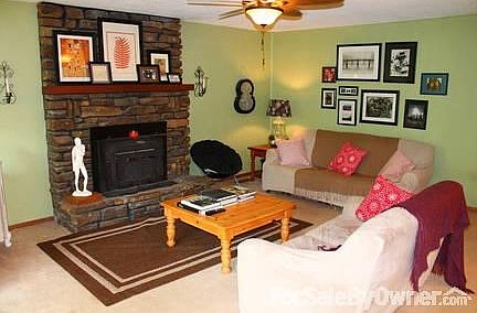 Living room/Den : Native stone fireplace with woodburning stove is perfect for NW Arkansas winters