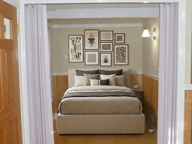 Virtually staged sleeping alcove showing a full sized bed.