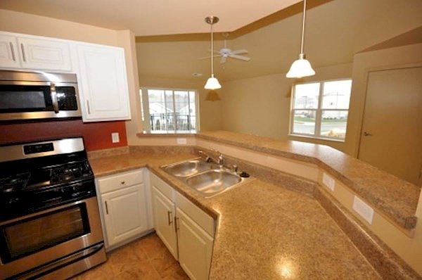 Kitchen bar looking into living room with vaulted ceiling