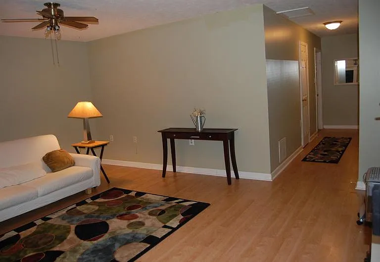 View into basement from patio door / lower deck.