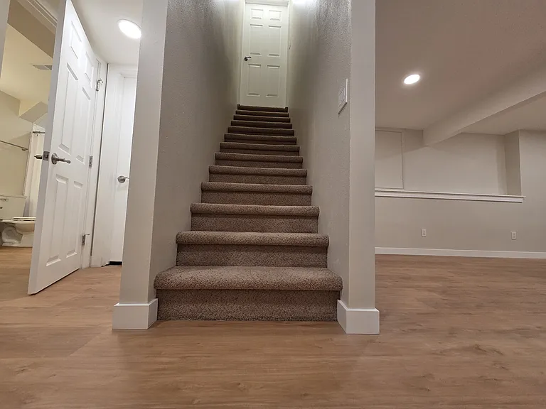 Stairway with door at the top of the stairs