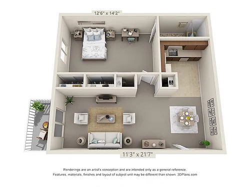 Floor plan 1 Bedroom, 1 Bath 565 (Balcony)