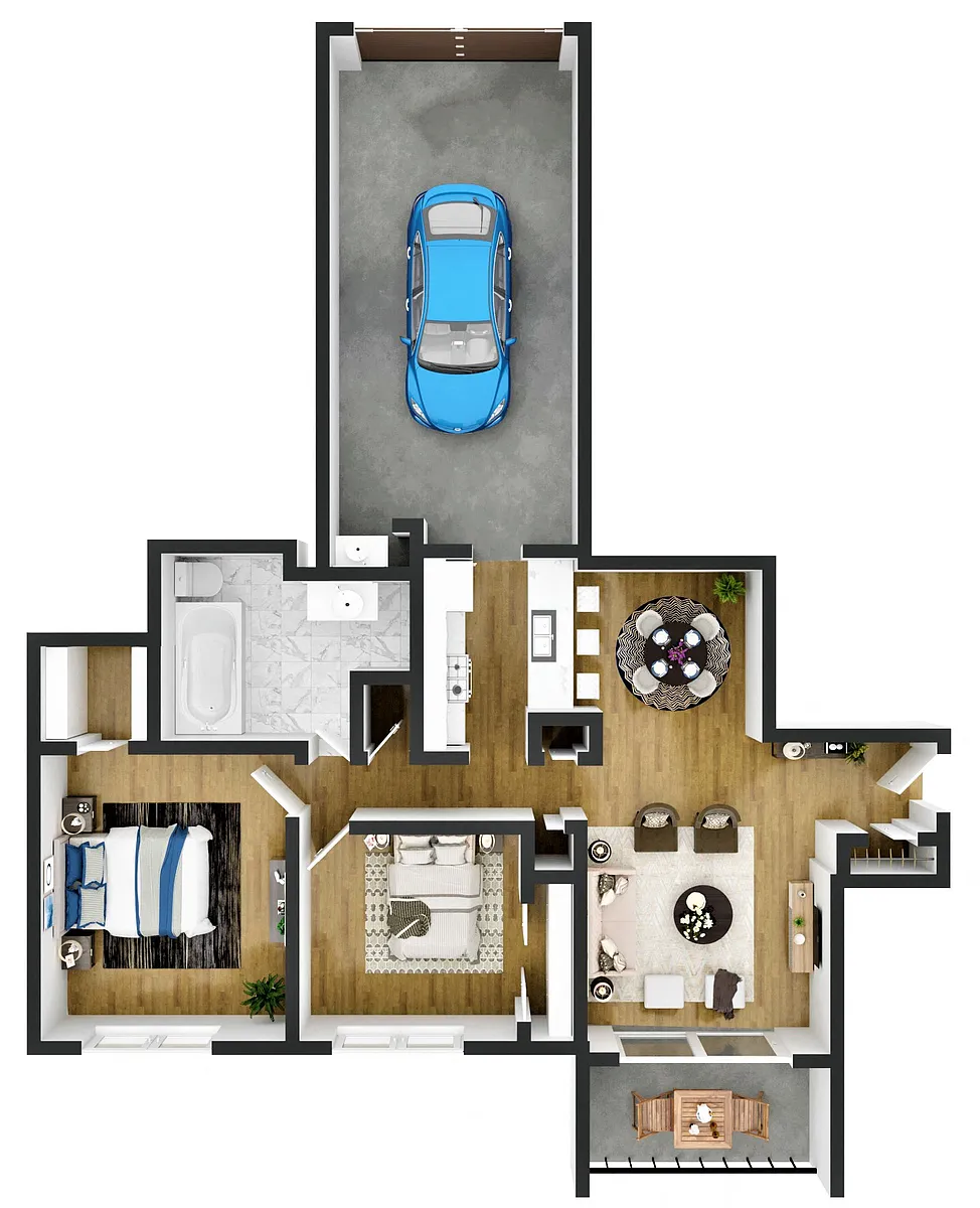 Floor plan Two Bedroom 1 Bath with Garage (Upstairs)