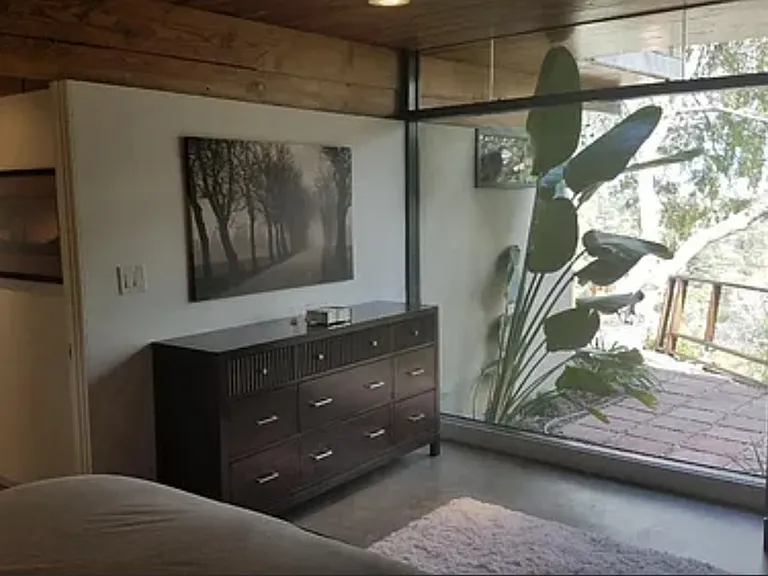 Primary bedroom featuring a dramatic wall of windows.